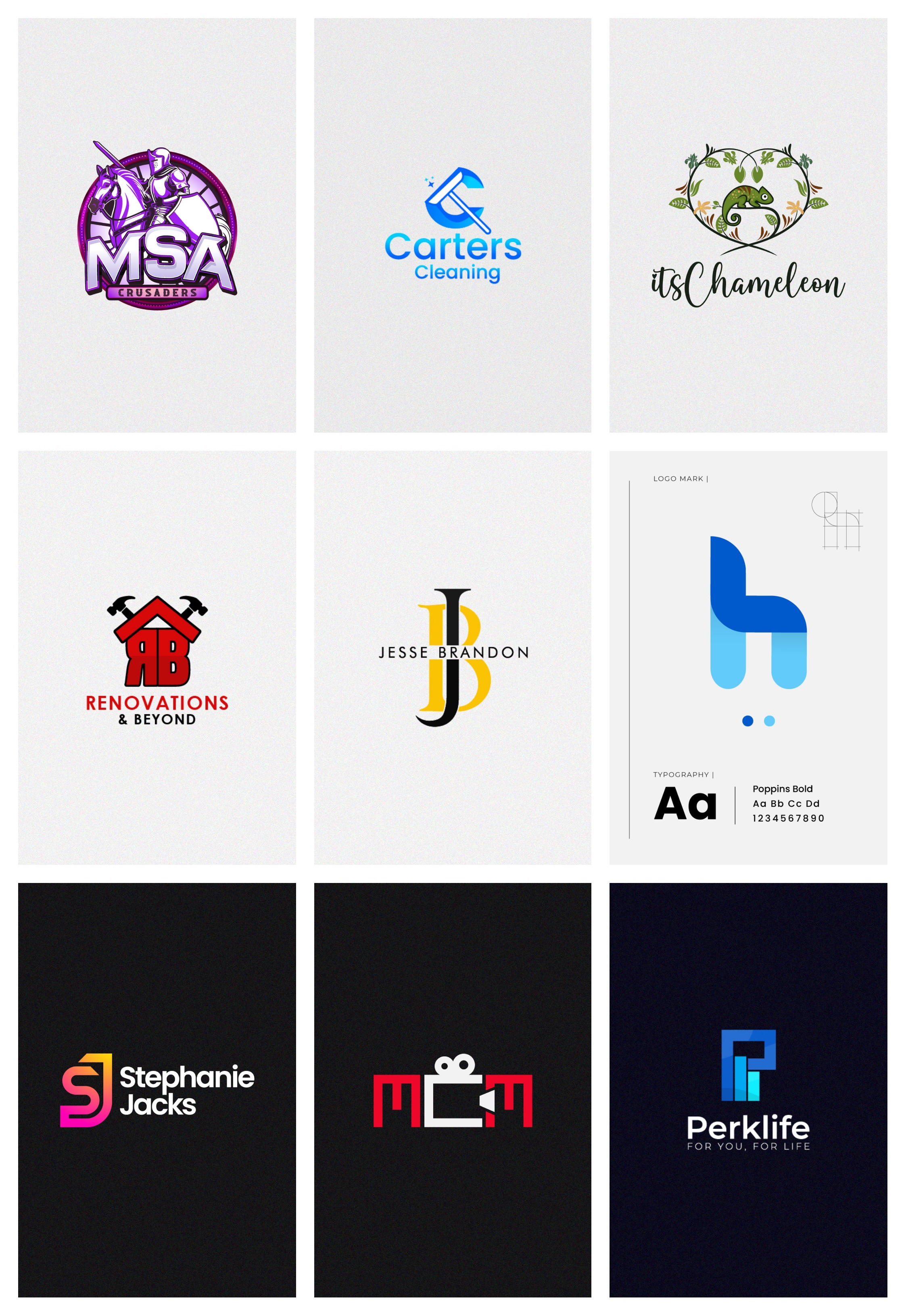 A presentation grid of custom logo designs created by Logo America